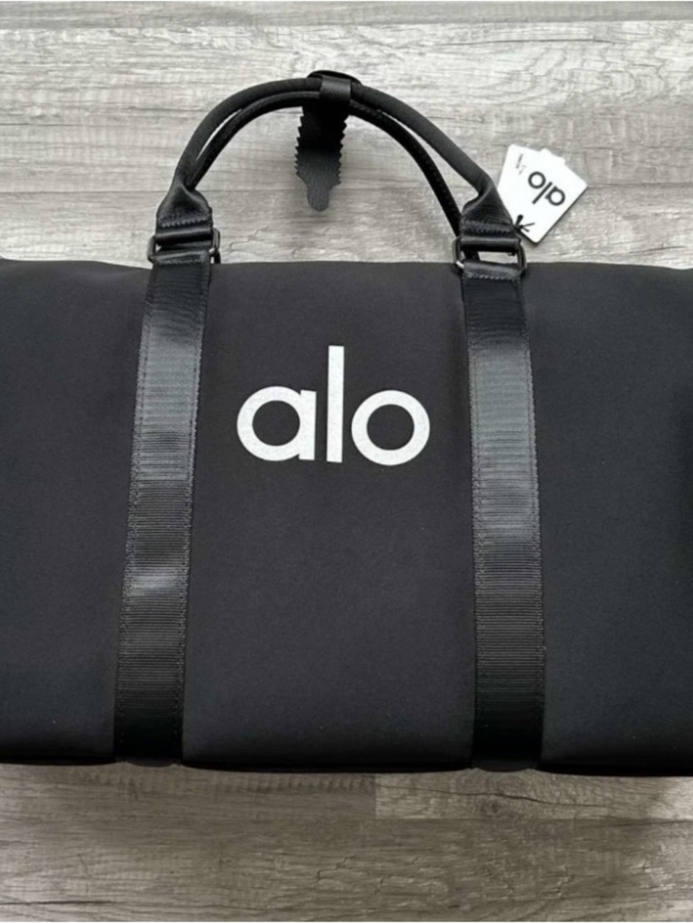 ALO Yoga Black Duffel Bag with White Logo traverse gym workout fitness travel